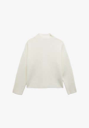 Witte gebreide trui met een hoge halslijn, wijde mouwen en een relaxte pasvorm. Heeft een geribbelde textuur en een cropped lengte.