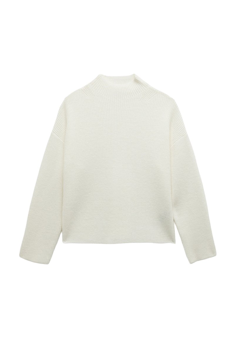 Witte gebreide trui met een hoge halslijn, wijde mouwen en een relaxte pasvorm. Heeft een geribbelde textuur en een cropped lengte.