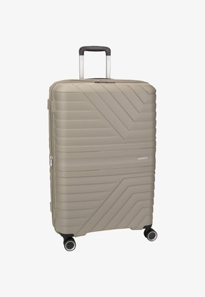 Valigia rigida di colore beige chiaro, con scanalature diagonali, maniglia telescopica e quattro ruote multidirezionali per un facile trasporto.