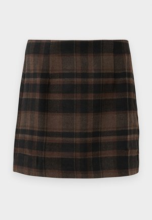 Plaid mini skirt in brown, black, and tan tones, made from textured fabric, featuring a fitted design and side seams for structure.