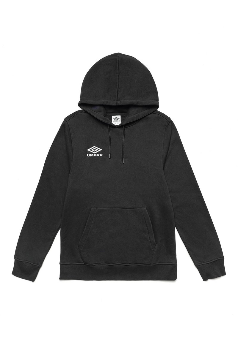 Sweat à capuche noir, mélange de coton, poche kangourou à l'avant, poignets et ourlet côtelés, avec le logo Umbro blanc sur la poitrine.