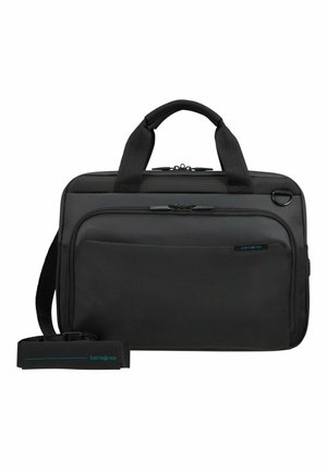 Sacoche d'ordinateur portable Samsonite noire avec deux poignées, poche zippée à l'avant et bandoulière réglable avec section rembourrée.