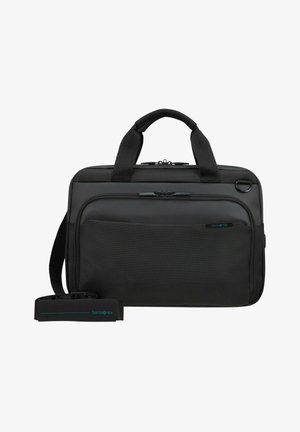 Sacoche d'ordinateur portable Samsonite noire avec deux poignées, poche zippée à l'avant et bandoulière réglable avec section rembourrée.