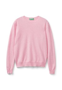Maglione a maniche lunghe color rosa chiaro con collo rotondo, con polsini e orlo ribattuti, esposto piatto su uno sfondo bianco.