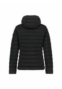 Abrigo de plumas negro con diseño de acolchado horizontal, que presenta una capucha y mangas largas, textura suave y silueta ajustada.