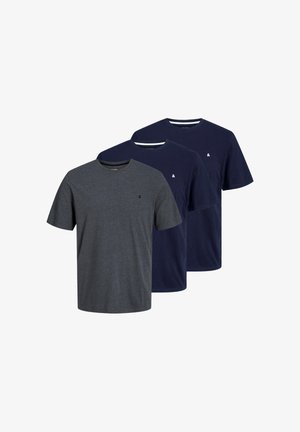Three plain crew neck t-shirts, one dark gray in front, two navy blue behind, each with a small logo on the left chest.