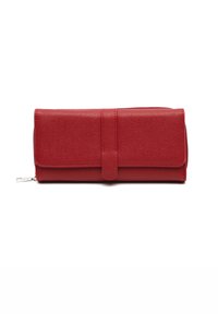 Rood leren portemonnee met een textuurafwerking, voorzien van een klepsluiting en een ritscompartiment. Compacte, rechthoekige vorm met minimale hardware.