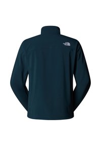 Navy blue jacket with a stand collar, long sleeves, and a zippered side pocket. The back features a white logo at the shoulder.