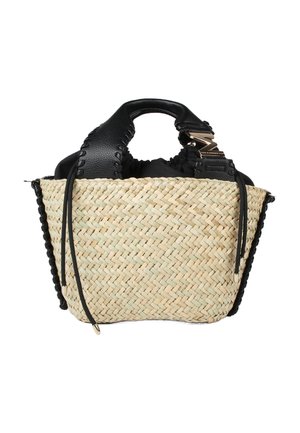 Sac en paille tissé avec des accents en cuir noir, présentant une forme arrondie, des poignées doubles et une fermeture à cordon. Surface texturée.