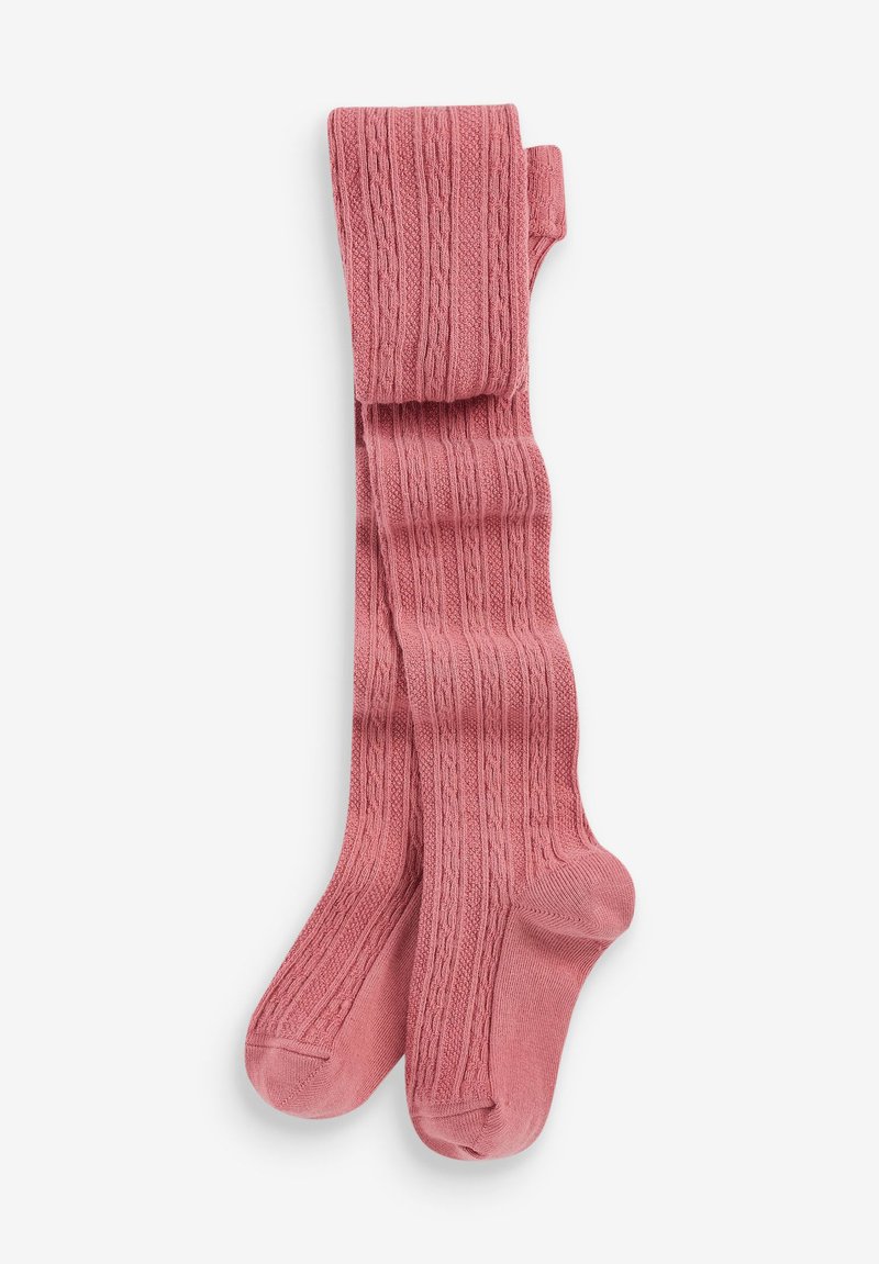 Knielange rosa Strumpfhosen mit gerippter Textur und Zopfmuster. Flache Nähte, verstärkte Zehen und ein weicher Abschluss. Geeignet für verschiedene Outfits.