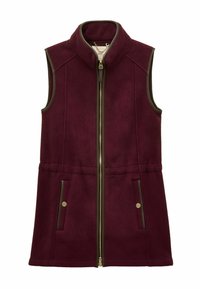Burgunderfarbener Fleece-Weste mit hohem Kragen, durchgehendem Reißverschluss und braunen Akzenten. Verfügt über zwei seitliche Taschen mit goldfarbenen Hardware-Details.
