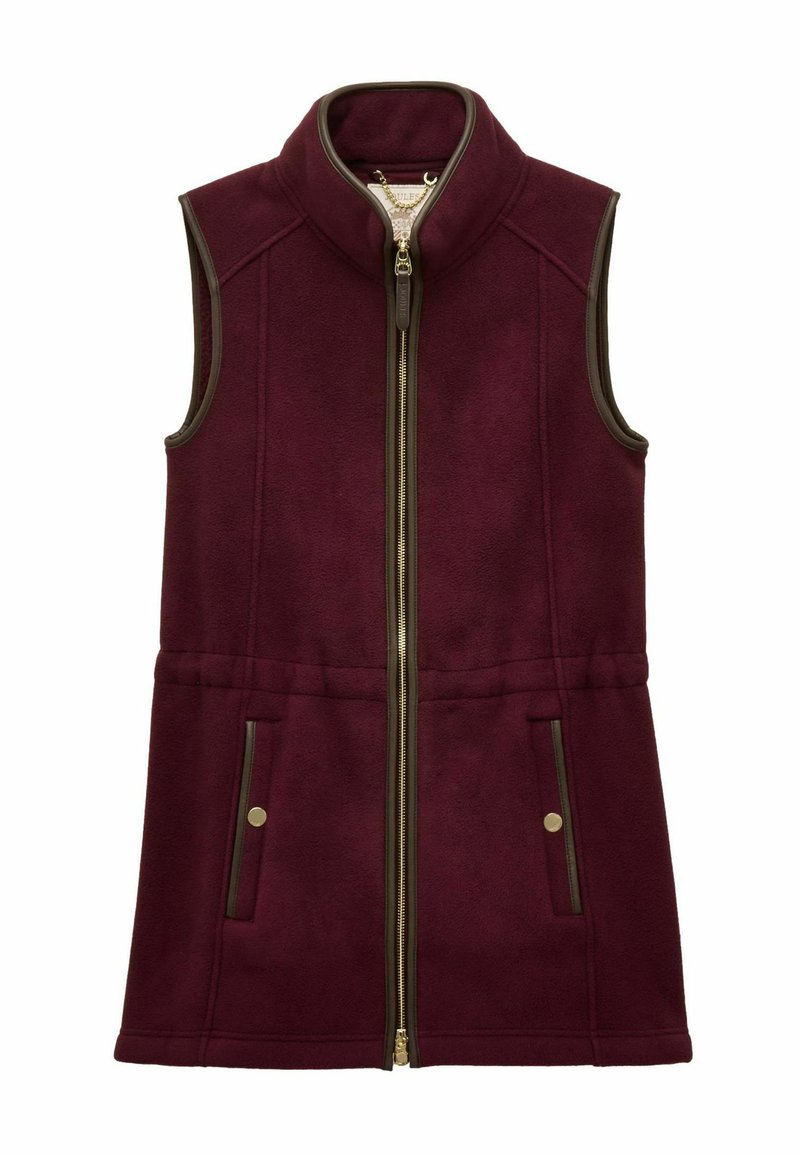 Burgunderfarbener Fleece-Weste mit hohem Kragen, durchgehendem Reißverschluss und braunen Akzenten. Verfügt über zwei seitliche Taschen mit goldfarbenen Hardware-Details.
