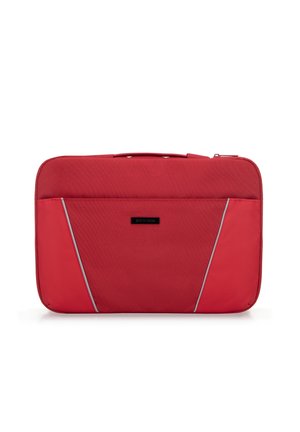 Borsa per laptop rossa con superficie in tessuto liscio, caratterizzata da un design minimalista e una tasca frontale con accenti riflettenti per migliorare la visibilità.
