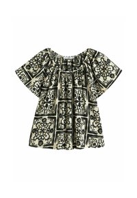 Blusa a maniche corte in avorio e nero con motivi floreali e geometrici, scollo arricciato e design ampio e fluido.