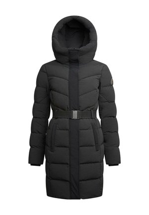 Melna garā izlīdzināta pūkaina jaka ar augstu apkakli, jostu viduklī, sānu kabatām un garām piedurknēm ar logotipa uzšuvi uz kreisās rokas.