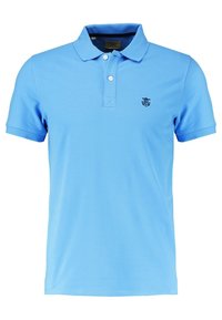 Ljusblå polo skjorta i bomull, med klassisk krage, två-knappars knappslå och liten broderad logotyp på bröstet.