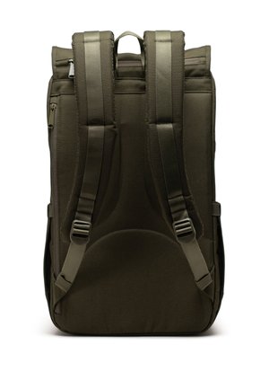 Dark olive green backpack with padded back, adjustable straps, and a top handle. Features smooth fabric and a zippered compartment on the side.