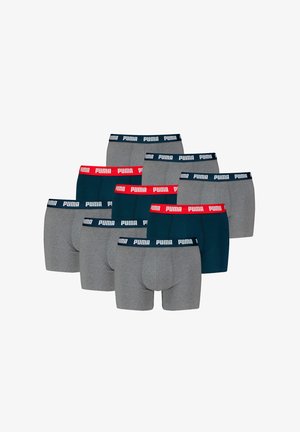 Neun Paar Männer-Boxershorts in verschiedenen Grautönen, Dunkelgrün und Rot, mit elastischem Bund und "PUMA"-Logo.