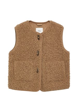 Bruine mouwloze fleecevest met gestructureerde stof, ronde hals, drie klemsluitingen en twee voorzakken.