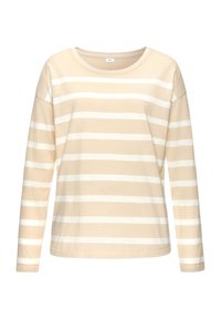 Beige long-sleeve shirt with white horizontal stripes, featuring a round neckline and relaxed fit, made of soft, lightweight fabric.