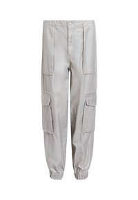 Spodnie cargo w jasnoszarym materiale, z elastycznymi mankietami, czterema kieszeniami i luźnym krojem. Gładka faktura z prostym designem.