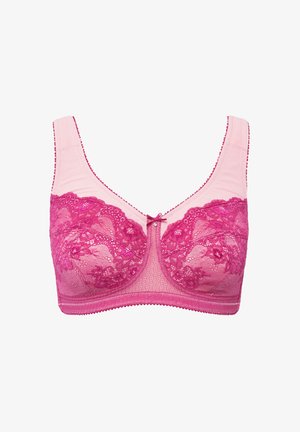 Fuchsia blonde bh med blomsterprint, blød pink foring, justerbare stropper og dekorativ sløjfe foran i midten.