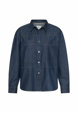 Donkerblauw denimoverhemd met lange mouwen, kraag, twee grote voorzakken en drukknoopsluiting in het midden.