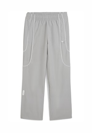 Light gray elastic waist track pants with white piping details and Puma logo on upper thigh, loose fit and straight legs.