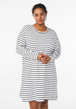 Long-sleeved dress in white with black horizontal stripes, featuring a round neckline, relaxed fit, and a small chest pocket.