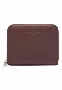 Portfel ze skóry w kolorze bordowym z zamkiem błyskawicznym dookoła, na przedniej stronie tłoczone logo marki i srebrne wykończenie. Gładka faktura.