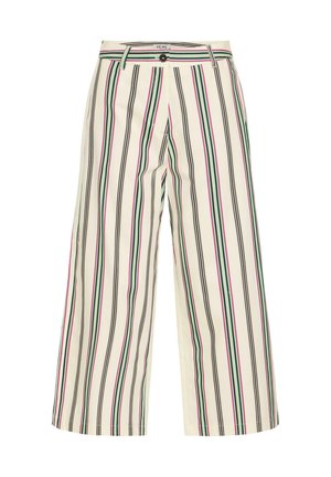 Wijd uitlopende cropped broek met verticale strepen in zwart, groen en roze op een crèmekleurige achtergrond, voorzien van lussen voor een riem en een knoop aan de voorkant.