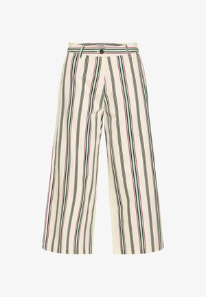 Pantaloni largi trei sferturi cu dungi verticale în negru, verde și roz pe un fond crem, având buzunare pentru curea și nasture frontal.