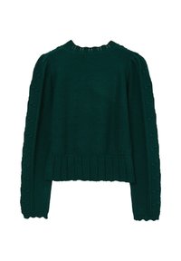 Dunkelgrüner gestrickter Pullover mit geripptem Saum, gewellten Bündchen und strukturierten Mustern entlang der Ärmel und des Kragens.