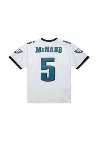 Weißes Football-Trikot mit kurzen Ärmeln, das türkisfarbene Akzente aufweist, "McNabb" auf dem Rücken, die Nummer "5" und ein Eagles-Logo auf den Schultern.