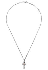 Sølv kædereg necklace med en struktureret korsvedhæng med en rosaguld accent i midten. Enkel design med lås.