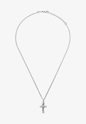 Sølv kædereg necklace med en struktureret korsvedhæng med en rosaguld accent i midten. Enkel design med lås.