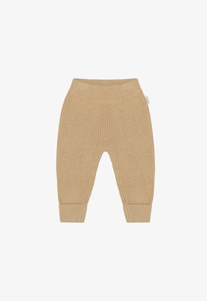 Beige gebreide broek met geribbelde tailleband en boorden, voorzien van een gestructureerd patroon. Ontworpen voor comfort en bewegingsvrijheid.