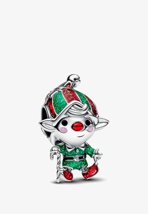 Petite figurine d'elfe en argent avec des chaussures, un nez et des rayures de chapeau en paillettes rouges, portant un costume en paillettes vertes et tenant une canne en bonbon.