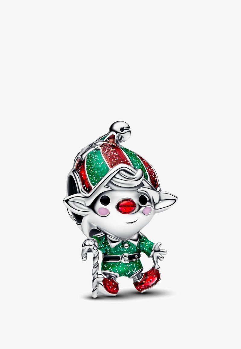 Piccola statuetta di elfo argento con scarpe rosse glitterate, naso e strisce del cappello, vestita con un completo verde glitterato e che tiene in mano un bastone a forma di bastoncino di zucchero.