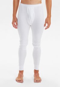 White thermal long johns made of soft, stretchy fabric. Features a snug fit, ribbed cuffs, and a traditional fly opening.
