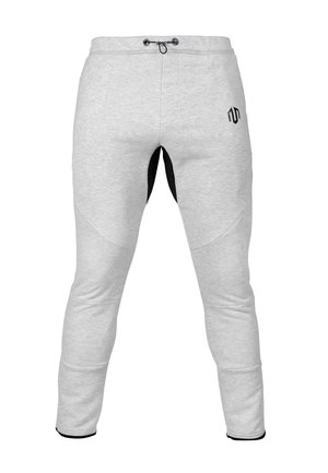 Gray sweatpants with black accents, drawstring waist, tapered legs, and contrasting fabric panels near the knees. Features logo on the side.