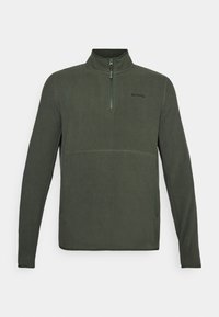 Pullover in felpa verde con mezza zip, dotato di colletto alto e logo a contrasto sul petto. Texture liscia, design aderente.