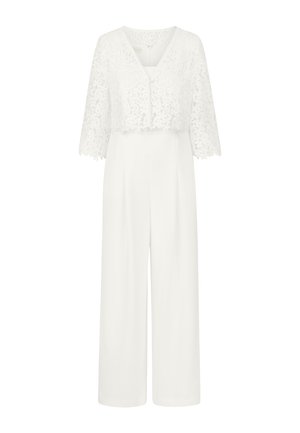 White jumpsuit with wide-leg pants and a cropped lace overlay featuring three-quarter sleeves and a V-neck.