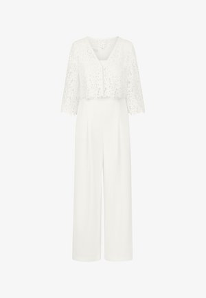 White jumpsuit with wide-leg pants and a cropped lace overlay featuring three-quarter sleeves and a V-neck.