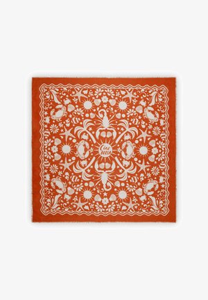 Oranger Schal mit weißen maritimen und floralen Mustern, darunter Krabben und Muscheln, mit einem dekorativen Rand und fransenden Kanten.