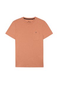 T-Shirt mit kurzen Ärmeln in einem hellen Korallenton, aus weichem Stoff gefertigt, mit einer Brusttasche mit Knopf und einem klassischen Rundhalsausschnitt.