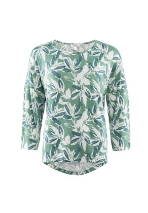 Bluse mit floralem Muster in Grün und Weiß, lockere Passform mit langen Ärmeln und rundem Ausschnitt. Der Stoff sieht glatt aus.