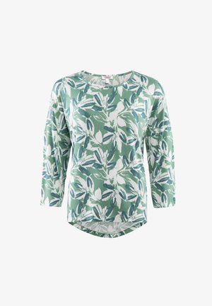 Bluse mit floralem Muster in Grün und Weiß, lockere Passform mit langen Ärmeln und rundem Ausschnitt. Der Stoff sieht glatt aus.
