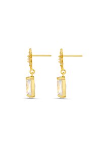 Gold-tone earrings featuring rectangular clear stones with a faceted surface, suspended from a decorative hoop with accent details.