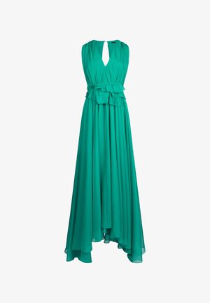 Abito verde senza maniche con scollo a V e retro a chiave. Presenta un dettaglio in vita arricciato e una gonna fluida fino alla caviglia. Tessuto dalla consistenza morbida.
